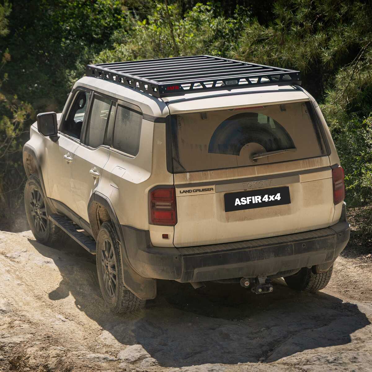 ASFIR vehicle-specific roof rack mounted on Toyota Land Cruiser in off-road environment
