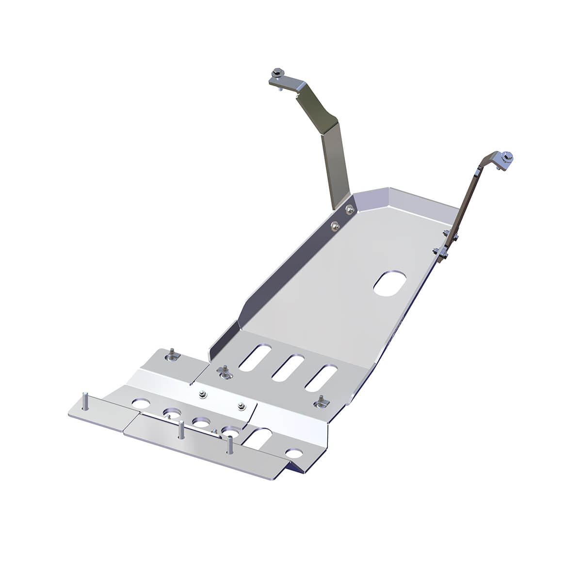 A silver skid-plate for Jeep Wrangler JL designed with ventilation openings and bolted to a chassis, featuring a combination of aluminum and steel components.