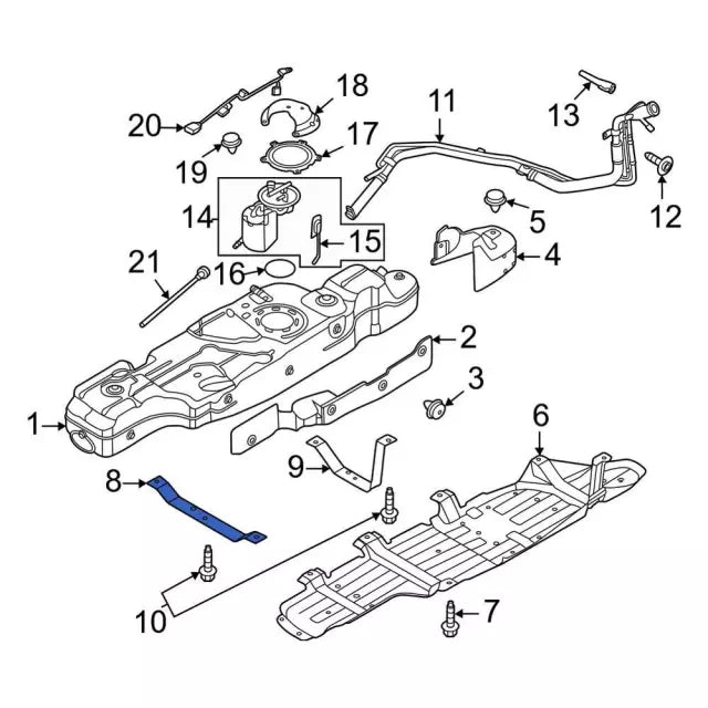 Genuine Ford Bronco front fuel tank strap MB3Z-9054-B detail