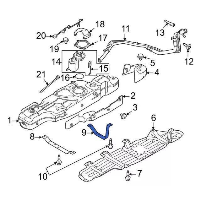 Genuine Ford Bronco rear fuel tank strap MB3Z-9054-A detail
